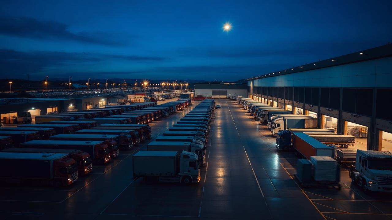 Logistics depot with loading bays at blue hour