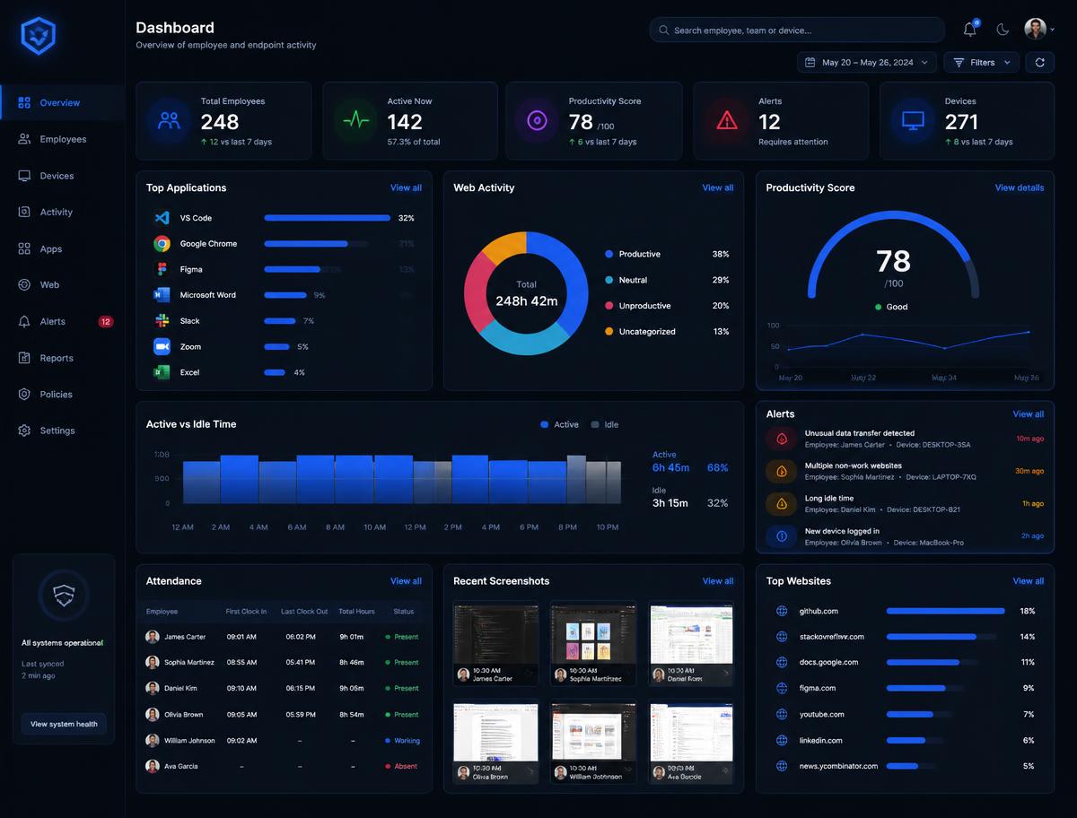 Metics dashboard showing application usage, productivity score, attendance and activity alerts